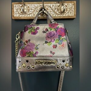 Betsey Johnson Silver Bag with Pink and Purple Floral Accents
